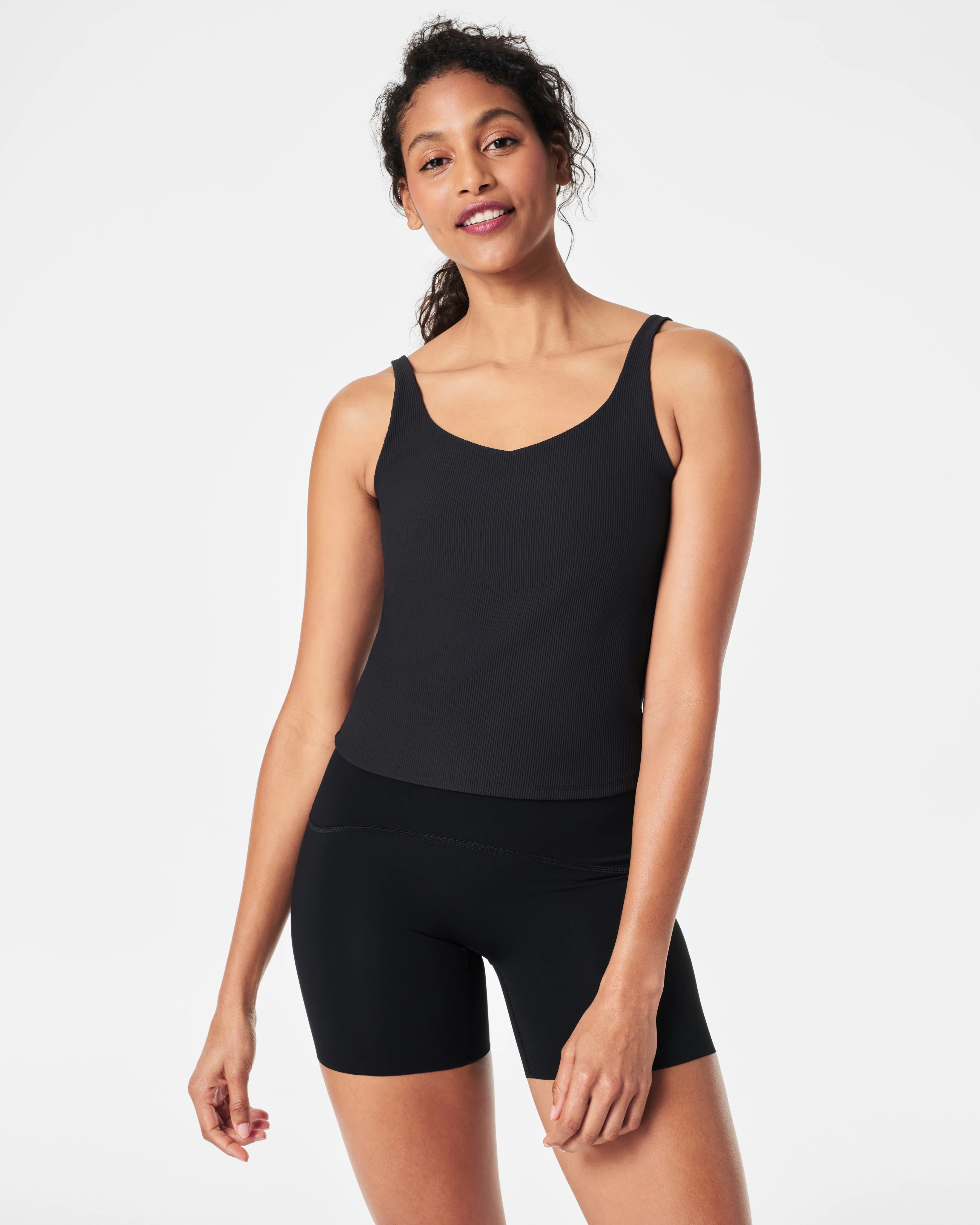Spanx Women's Get Moving Contour Rib Shelf Tank Top in Black | Spanx