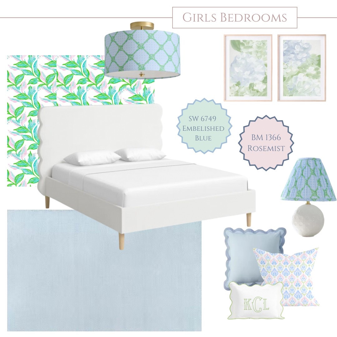 Soft blues and greens with touches of blush and white create this Lilly Pulitzer inspired room. Talk about vibes 🫶🏻