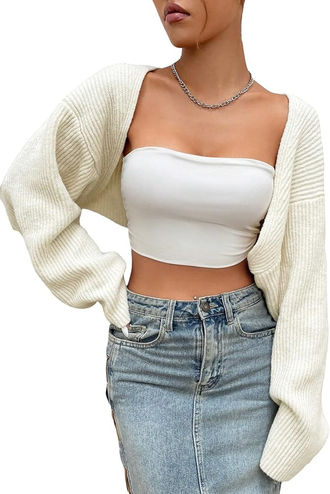 SHENHE Women's Open Front Ribbed Casual Cropped Knit Cardigan Shrug Bolero Sweater | Amazon (US)