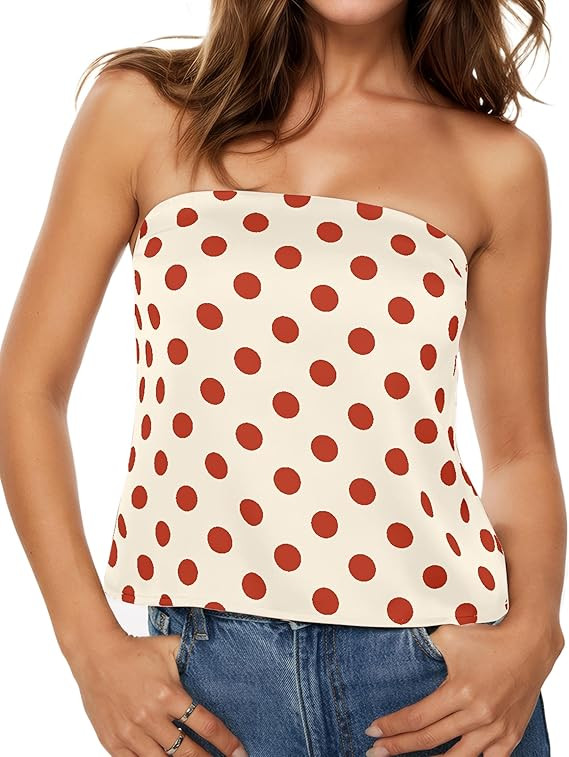 Women Polka Dot Satin Tube Bandeau Strapless Sleeveless Backless Tank Top Polka Dots Silk Peplum ... | Amazon (US)