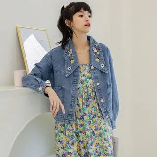 Floral Embroidered Cropped Denim Jacket | YesStyle Global