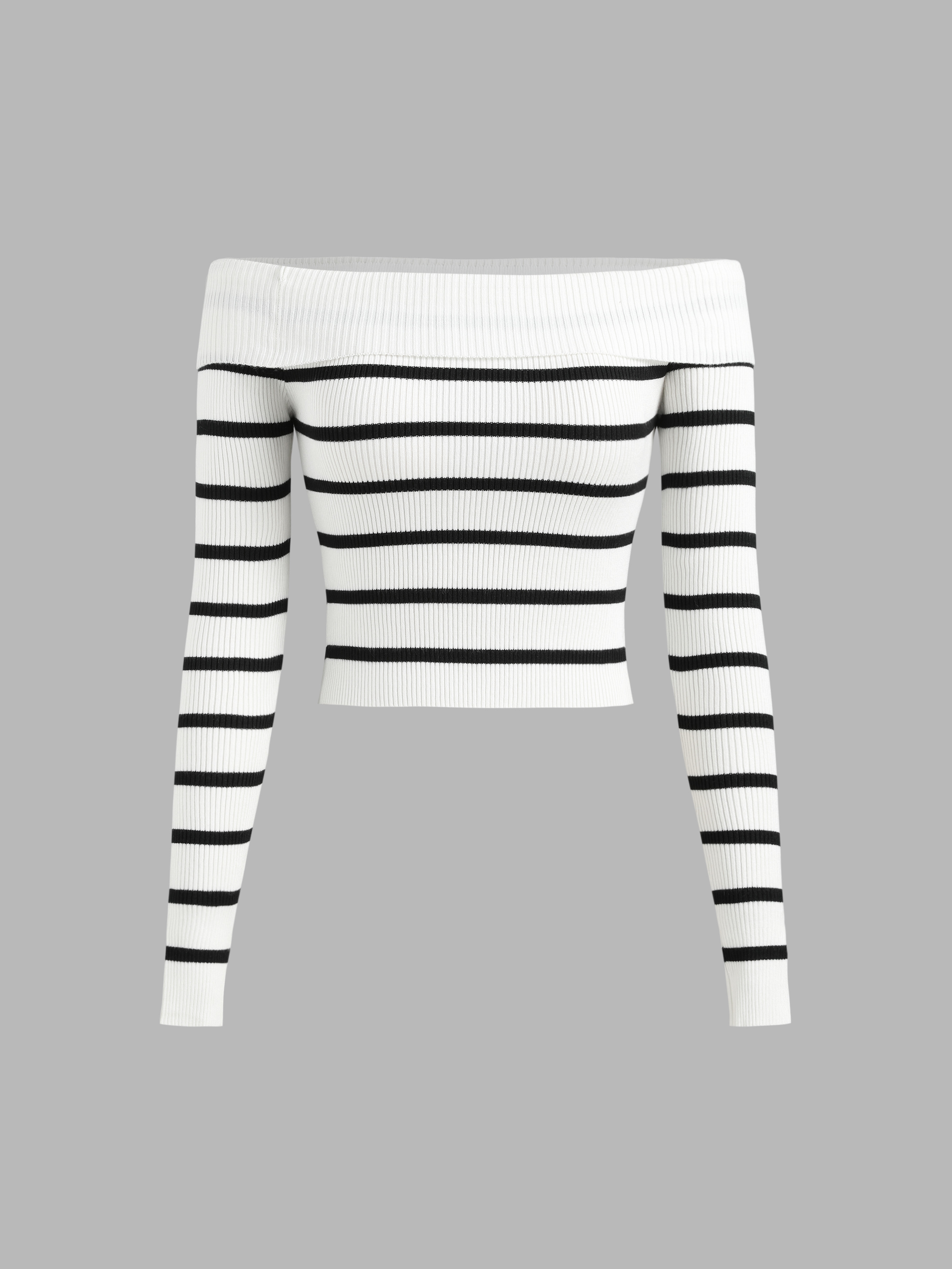 Knit Fabric Striped Off-shoulder Crop Knitted Top For Daily Casual | Cider