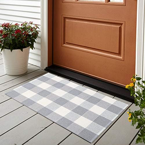 Buffalo Plaid Outdoor Rug Doormat 2' x 3’ , KIMODE Gray/White Cotton Woven Checkered Porch Outd... | Amazon (US)