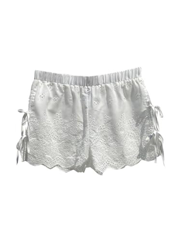 SweatyRocks Women's Bow Tie Knot Boho Shorts Elastic Waist Embroidery Eyelet Summer Short White Large | Amazon (US)