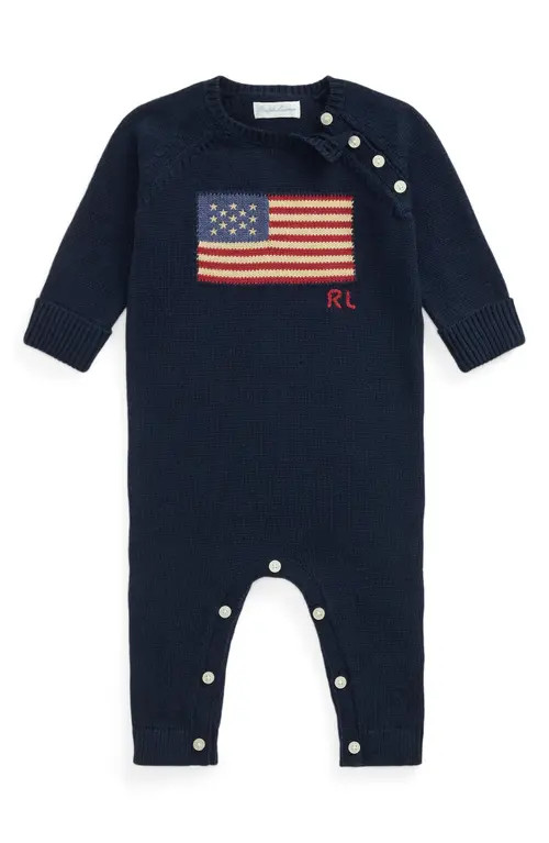 Ralph Lauren Flag Cotton Romper in Hunter Navy at Nordstrom, Size 3M | Nordstrom