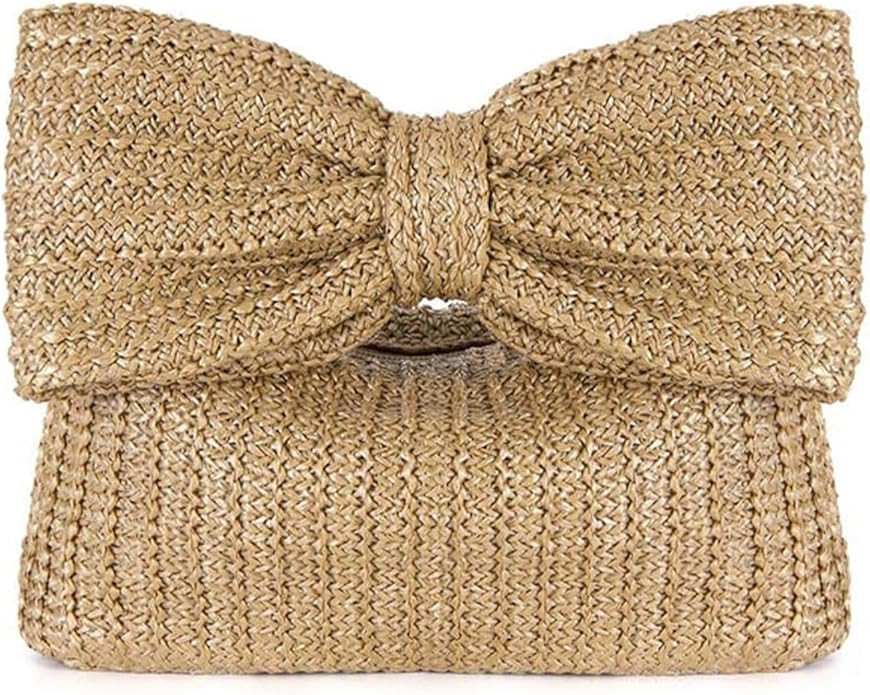 Straw Clutch Purse with Big Bow Handle Bag Summer Straw Handbag Beach Tote Woven Evening Bag for ... | Amazon (US)