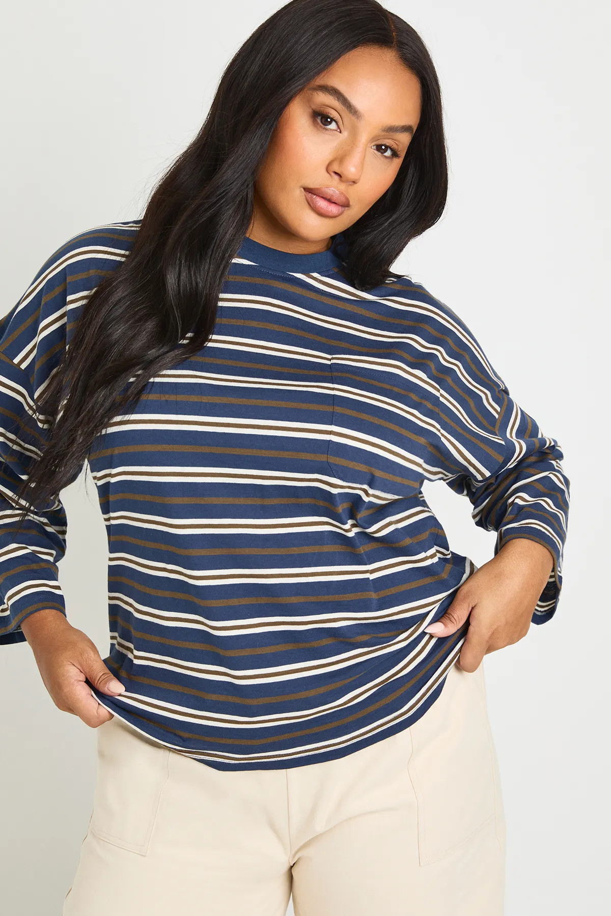 Plus Striped Cotton Pocket Front Long Sleeve Top | Boohoo.com (UK & IE)