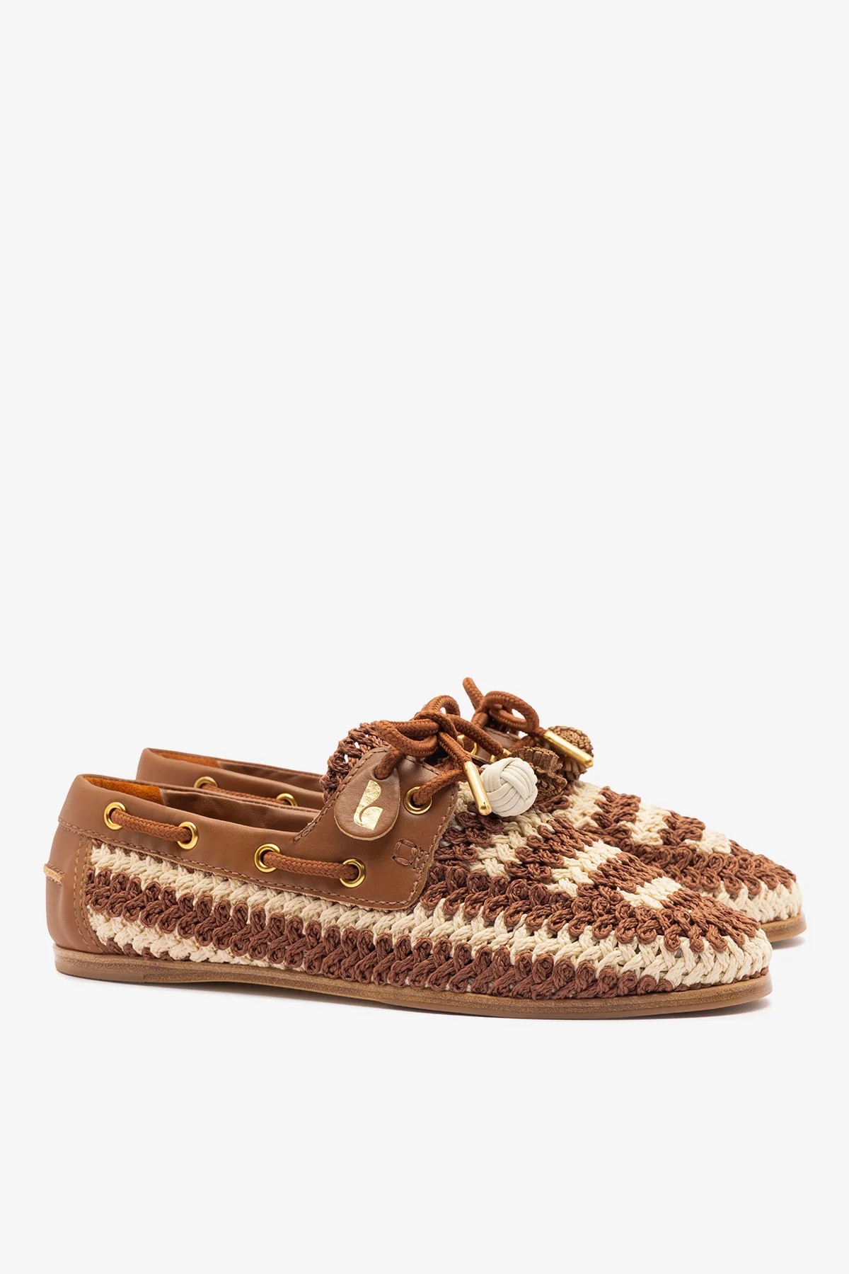 Cyprus Crochet Boat Shoe In Caramel and Ivory Crochet and Caramel Leather | Larroude