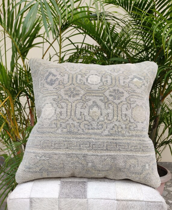 Tribal Turkish Rug Pillow Handmade Vintage Carpet Pillow Blue Ivory Wool Vintage Oushak Carpet Pi... | Etsy (US)