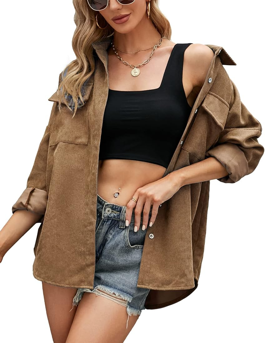 Aifer Womens Shacket Jacket Corduroy Button Down Shirts Casual Long Sleeve Tops Collared Blouses wit | Amazon (US)