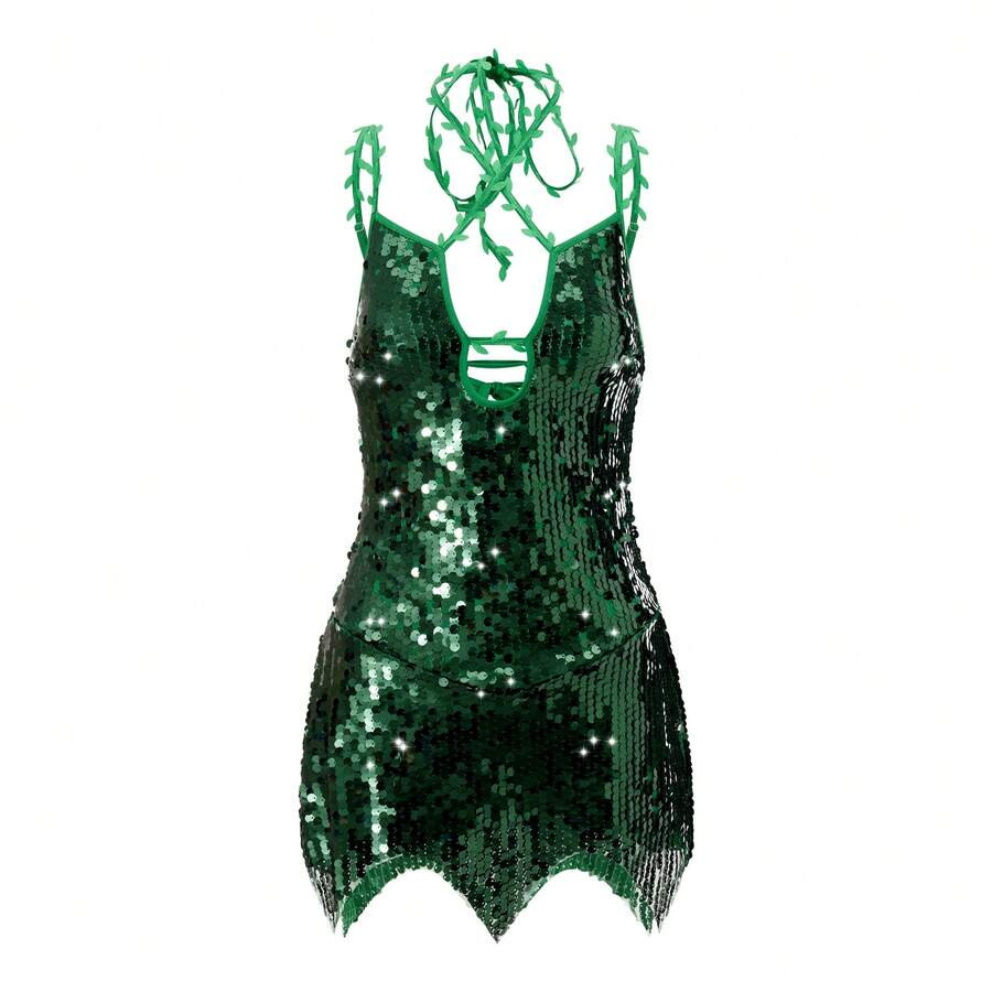 Womens Halloween Poison Ivy Cosplay Costume .Y Sleeveless Hollow Out Sequins Dress For Stage Show... | SHEIN