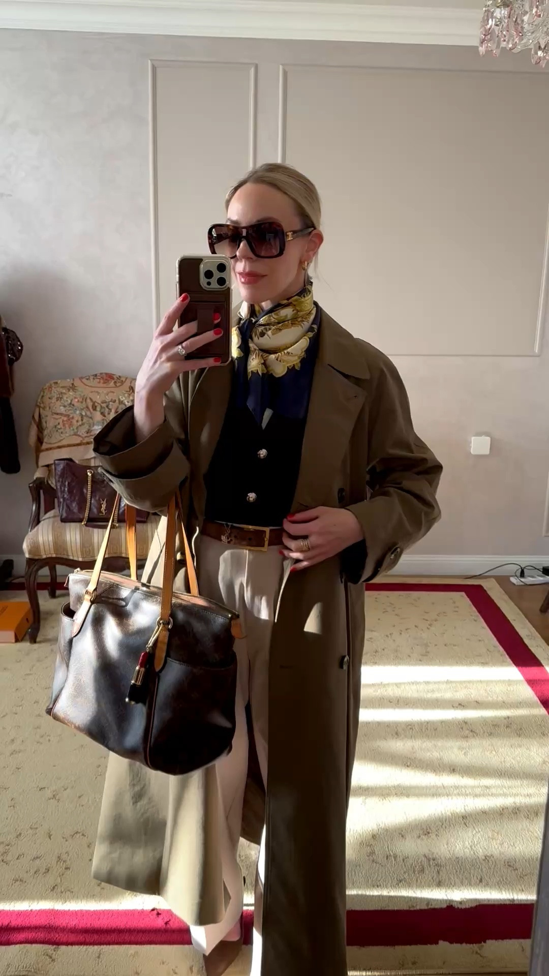 Business casual workwear, spring workwear, office style, Celine aviator sunglasses, olive trench coat, silk scarf outfit, H&M workwear, Louis Vuitton tote bag 

#LTKootd #LTKOver40 #LTKWorkwear