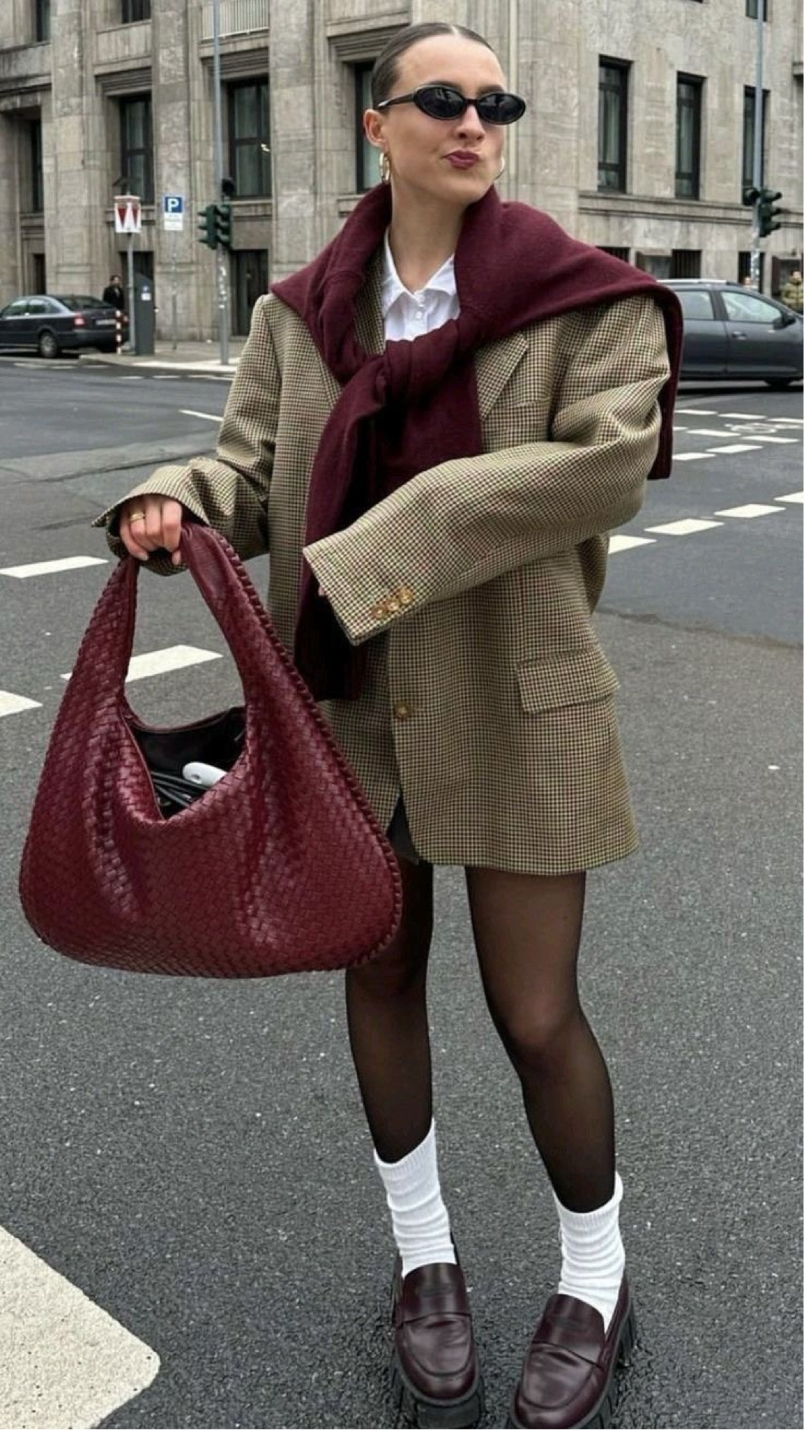 Khaki plaid blazer, cherry red/burgundy bag, cherry red/burgundy sweater , brown/burgundy loafers 

#LTKFallSale #LTKStyleTip #LTKWorkwear