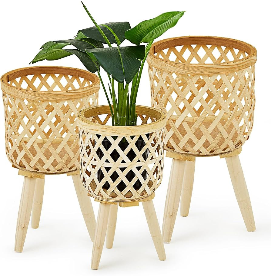 3 Pcs Rattan Plant Stand Woven Plant Stand Wooden Wicker Planter with Wooden Legs Rattan Plant Di... | Amazon (US)