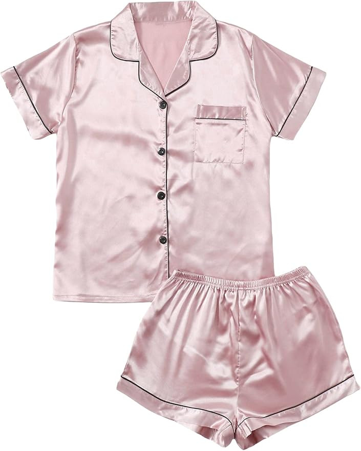SOLY HUX Women's Short Sleeve Satin Sleepwear Button Down Shirt & Shorts Pajama Set | Amazon (US)