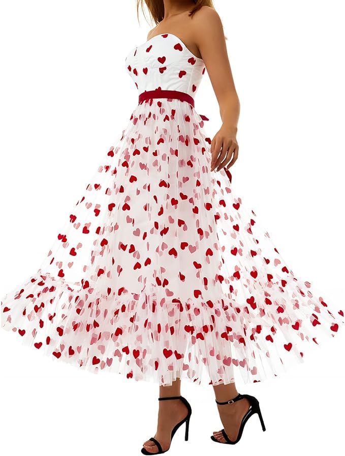 Women´s High Waisted Tulle Puffy Evening Long Dresses Sexy Off-Shoulder Ruched Heart Print | Amazon (US)