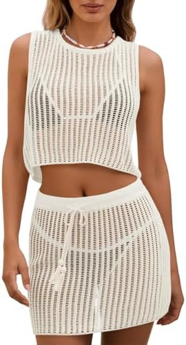 Womens 2 Piece Crochet Sets Sleeveless Crop Tops Cover Up Beach Mini Skirt Outfits Vacation Sets | Amazon (US)