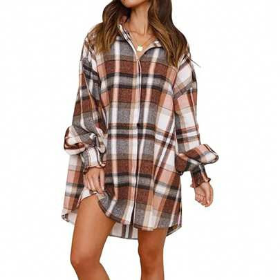 BZB Womens Oversized Flannel Plaid Shirts Jacket Ballon Sleeve Button Down Shacket Coats | SHEIN