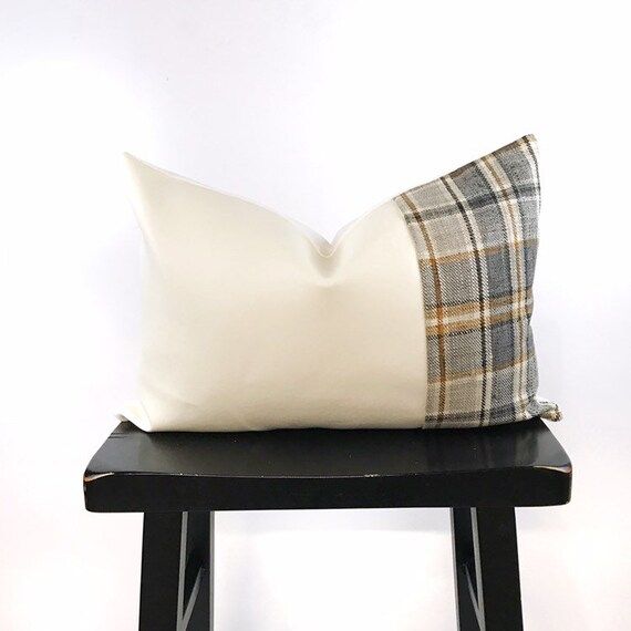 Fall Plaid and White Faux Leather Color Block Pillow Cover - Etsy | Etsy (US)
