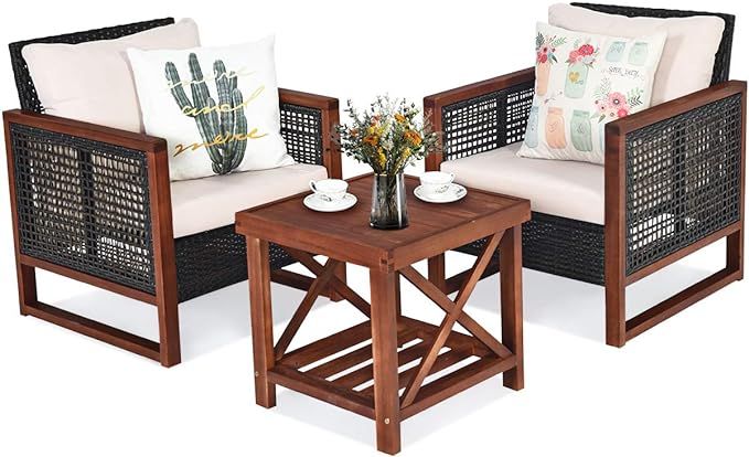 Tangkula 3 Pieces Patio Wicker Furniture Set, Rattan Outdoor Sofa Set w/Washable Cushion & Acacia... | Amazon (US)