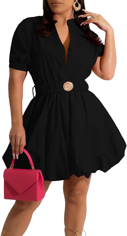ENOPINK Puff Sleeve Dress for Women Sexy V Neck Mini Dress with Belt | Amazon (US)