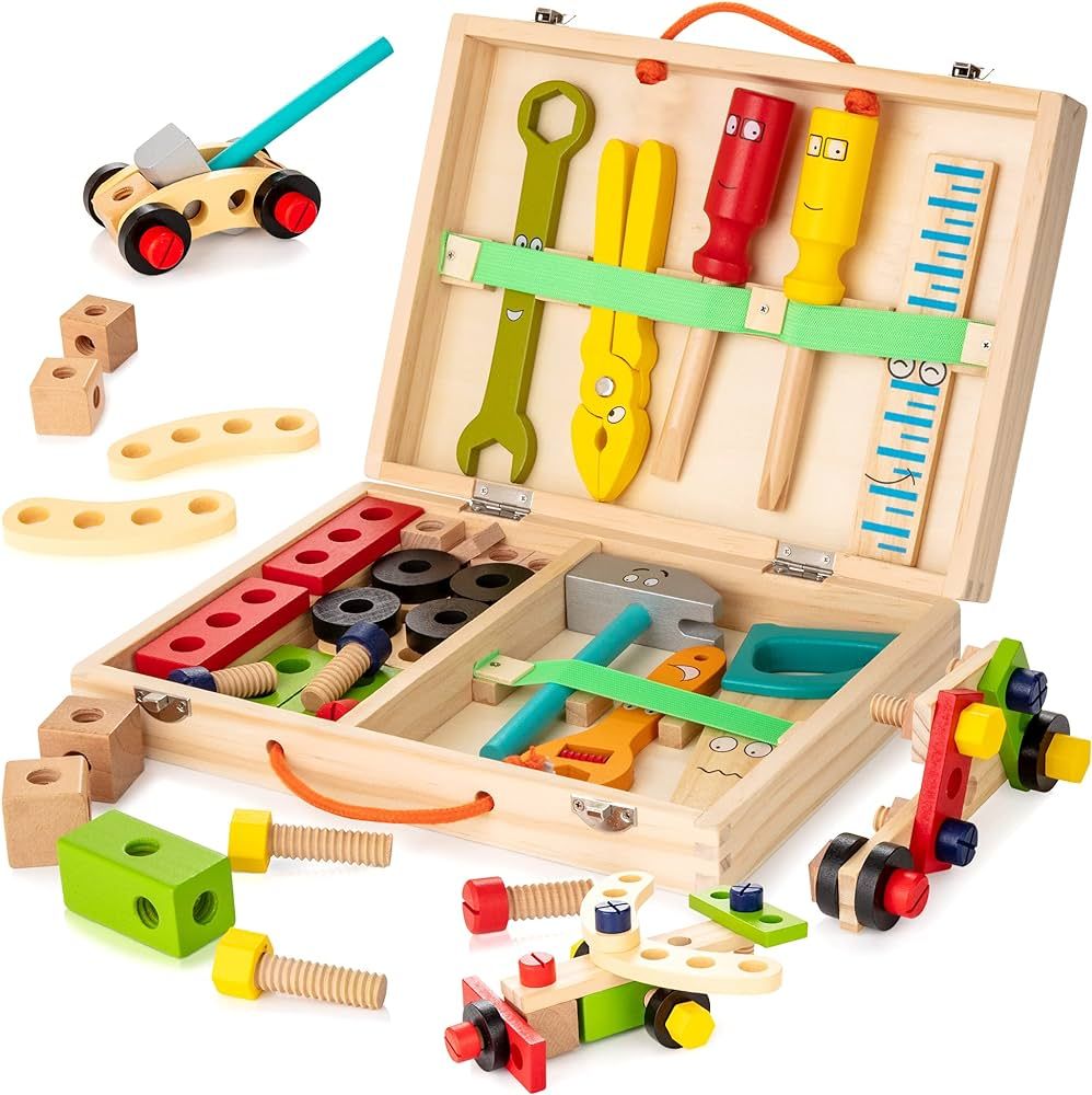 KIDWILL Tool Kit for Kids, Wooden Toddler Tools Set Including Tool Box & DIY Stickers, Montessori... | Amazon (US)