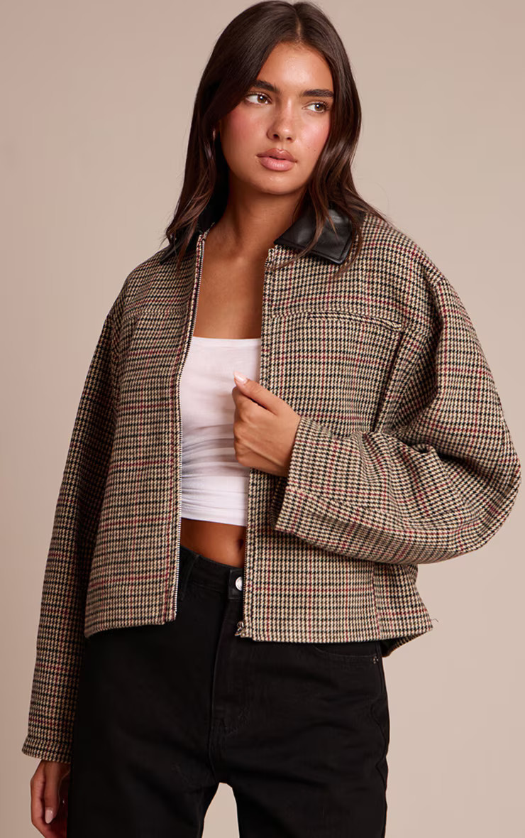 Brown Checked PU Collar Zip Up Jacket | PrettyLittleThing UK