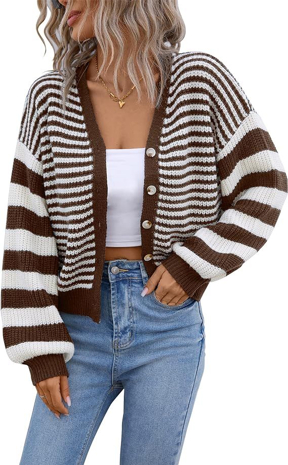 Blooming Jelly Women's Open Front Cardigan Sweaters Button Down Oversized Striped Chunky Waffle K... | Amazon (US)