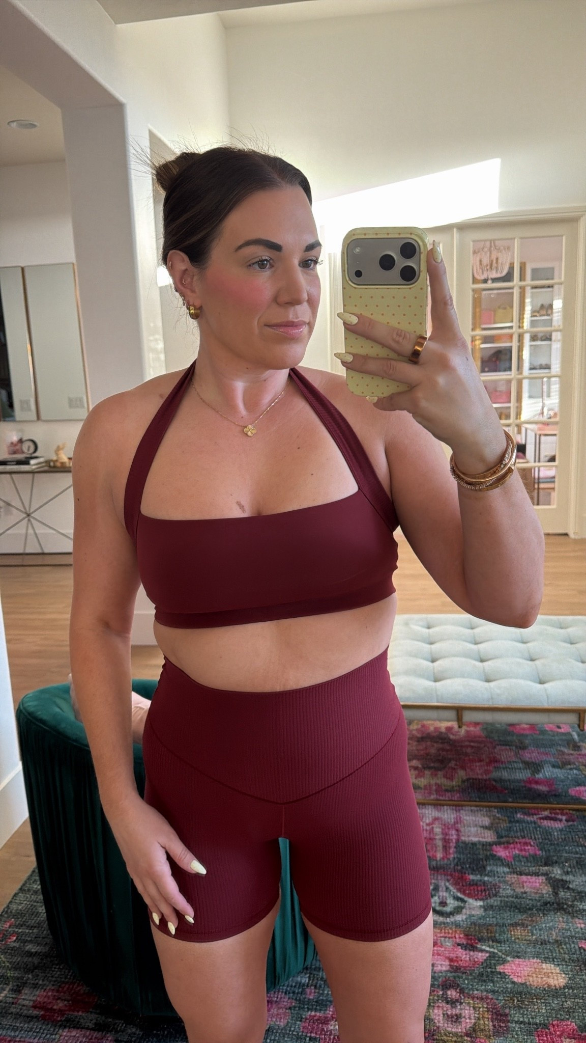 curvy midsize workout look! wearing size large in ribbed burgundy halter sports bra and shorts!

#LTKfitnessgoals #LTKMidsize #LTKActive