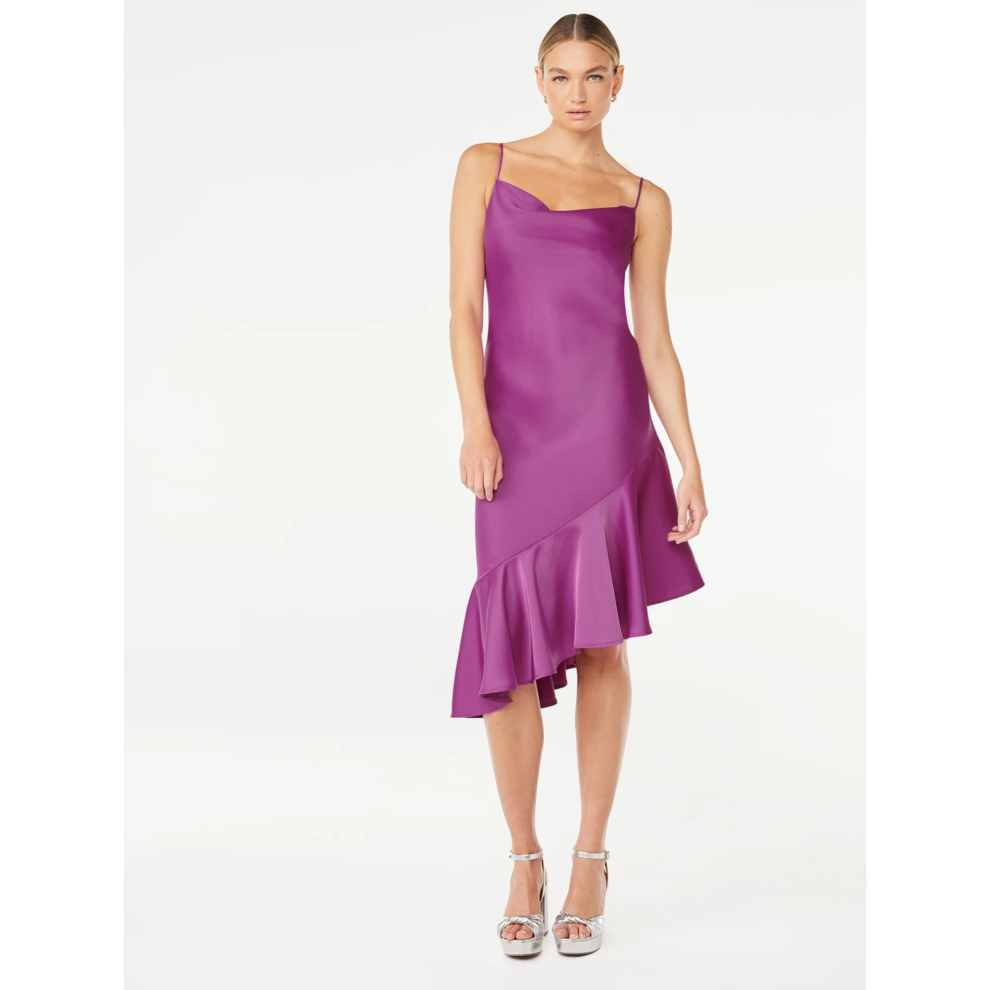 Scoop Women’s Asymmetrical Satin Ruffle Cami Dress, Sizes XS-XXL | Walmart (US)