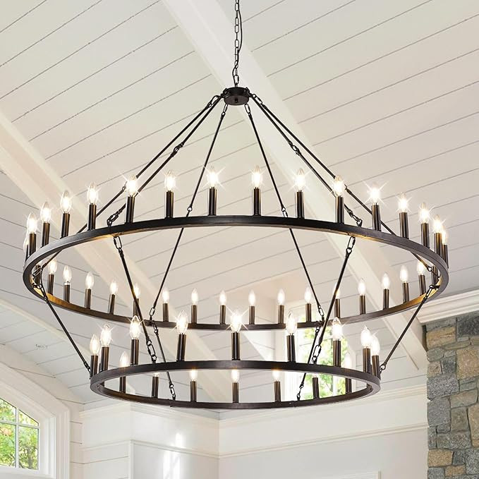 60 Inch Black Wagon Wheel Chandelier, 2 Tier 54-Lights Farmhouse Dining Room Light Fixture, Round... | Amazon (US)