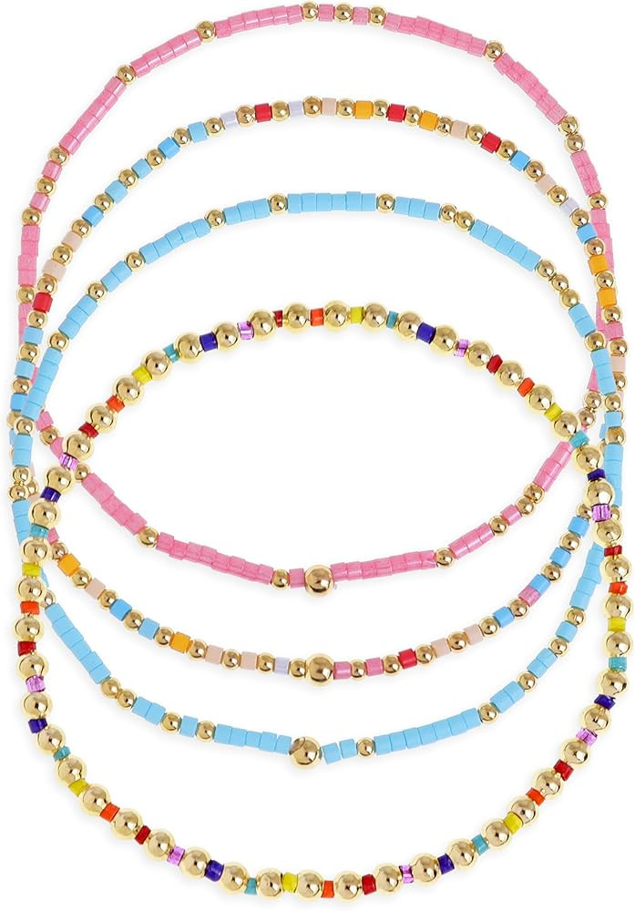 Colorful Seed Beaded Stack Bracelets Set for Women, 4Pcs Cute Dainty Boho Handmade Gold Beads Sta... | Amazon (US)