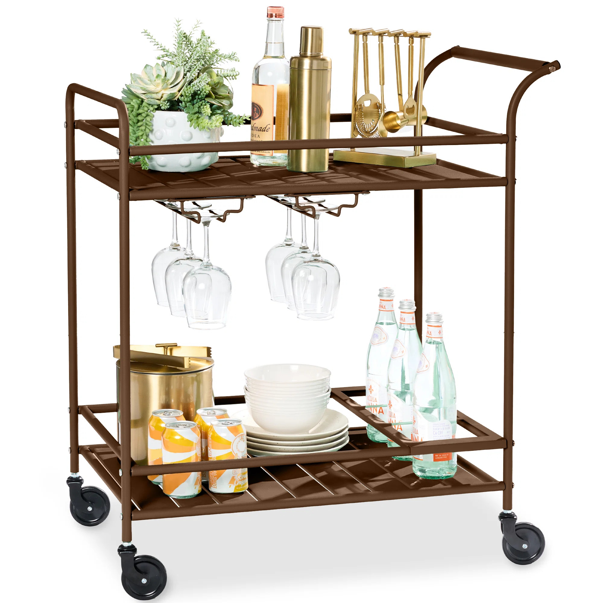 2-Tier Rolling Bar Cart Indoor/Outdoor W/ Storage Shelves, Wine Rack, Lockable Wheels | Wayfair North America
