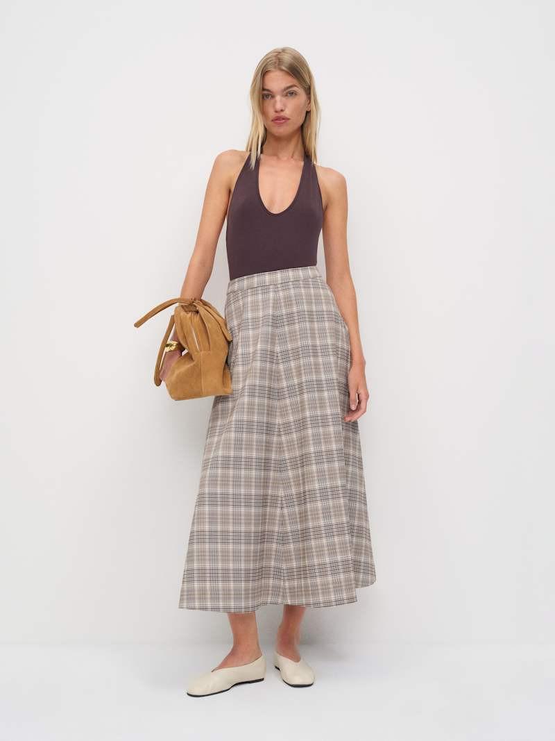 Reformation Peony Skirt Brown Check 12 | Reformation (Global)