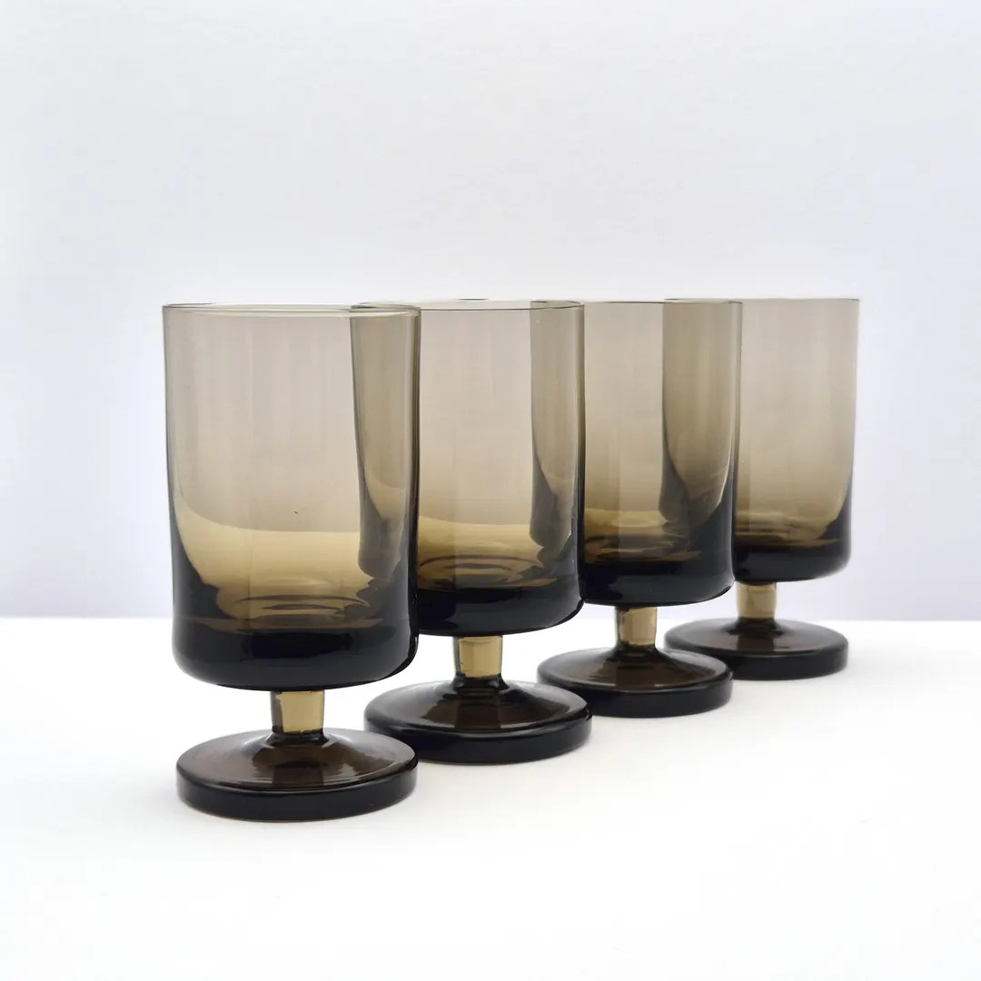 VINTAGE Smoky Glass Goblets Set of 4 | Smoke Grey Brown Stemware | Mid Century Modern Handblown G... | Etsy (US)