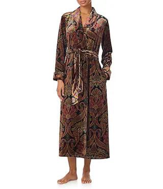 Velvet Multi Paisley Print Long Sleeve Shawl Collar Long Robe | Dillard's