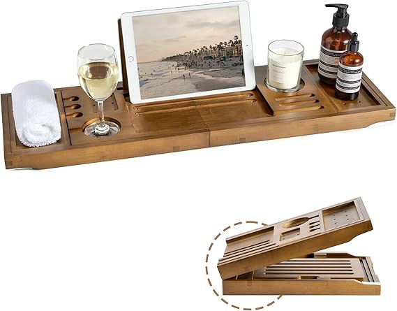 Bamboo Bathtub Tray Caddy - Splash-Proof Adjustable (28.5-40") with Wine Holder, Tablet Stand & N... | Amazon (US)