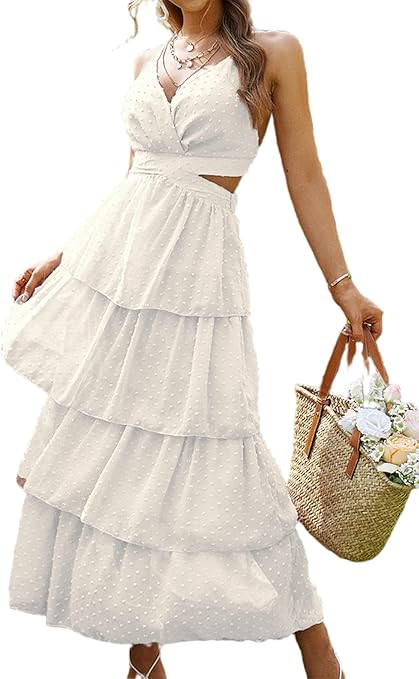 Glamaker Women Sexy V Neck Cut Out Maxi Dress Sleeveless Summer Boho Ruffle Beach Long Dress | Amazon (US)