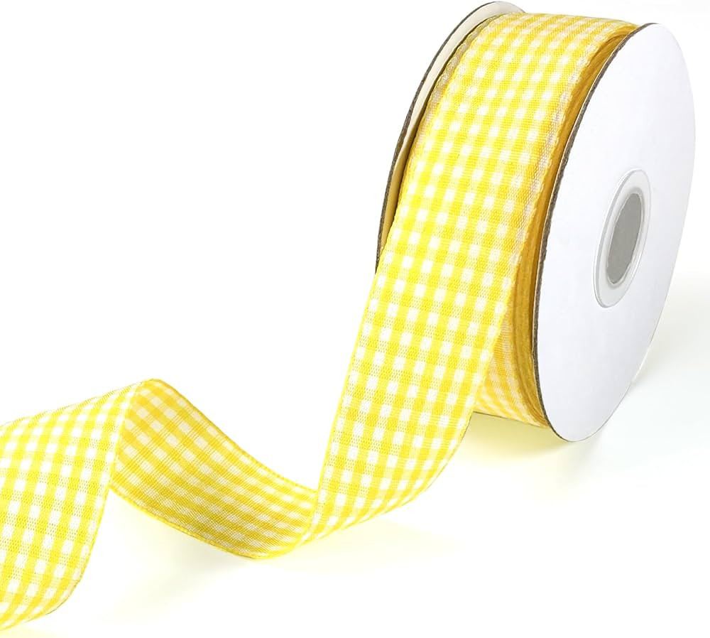 Yellow and White Gingham Ribbon 1 inch Plaid Ribbon Flower Bouquet Wreath Gift Wrapping Checked R... | Amazon (US)