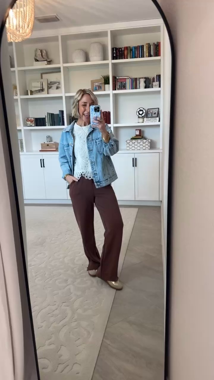 New Pants - from a favorite brand. Smoofit Wide Leg Drawstring Sweatpants - size XS. 9 colors. (“Coffee Brown”). * Lace Sleeveless Embroidered Blouse - size XS. 3 colors. * Denim Jacket - size small (oversized fit). * Gold Sneakers - TTS.

#LTKSeasonal #LTKOver40 #LTKWorkwear