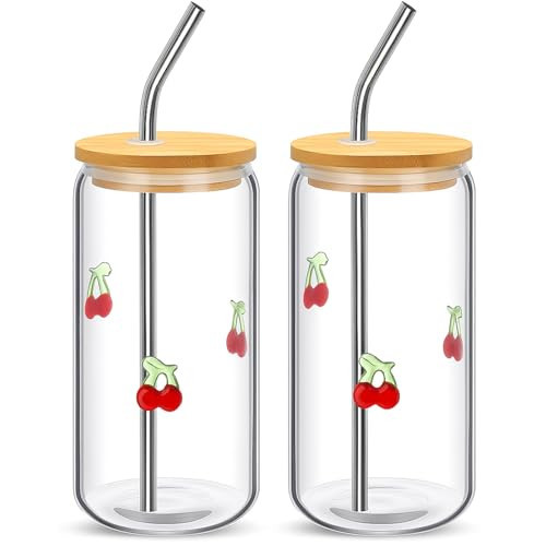 Honeydak 2 Pcs Icon Juice Glass Tumbler - 18 oz Cherry Icon Can Shape Glass Cups with Lid and Straws, Coffee, Beer, Soda, Juice Summer Drinking for Halloween Christmas Party Gifts | Amazon (US)