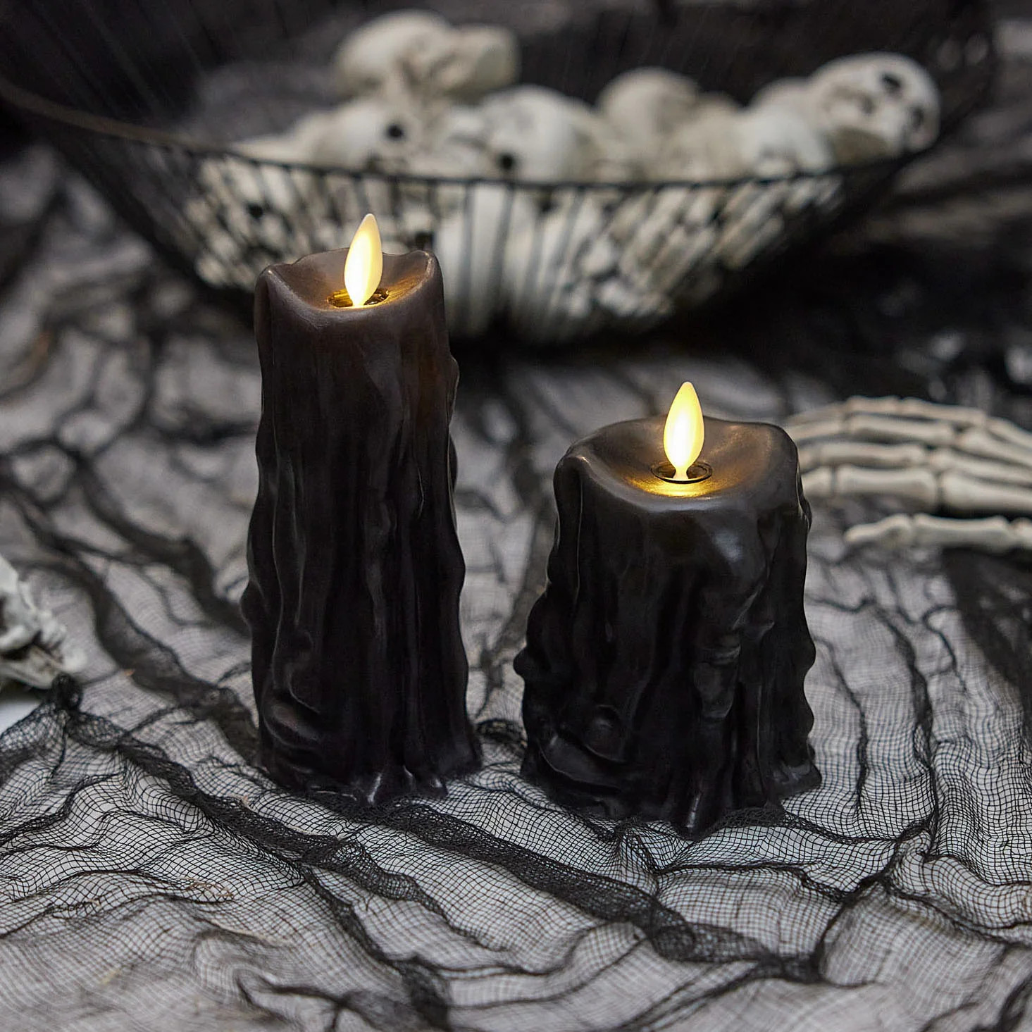 Black Heavy Wax Drip Flameless Candle Slim Pillar | Luminara