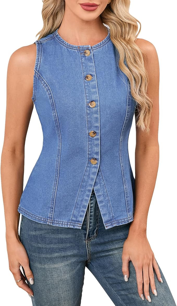 Chaleco de mezclilla para mujer, con botones, cuello redondo, sin mangas, casual, con lazo traser... | Amazon (US)