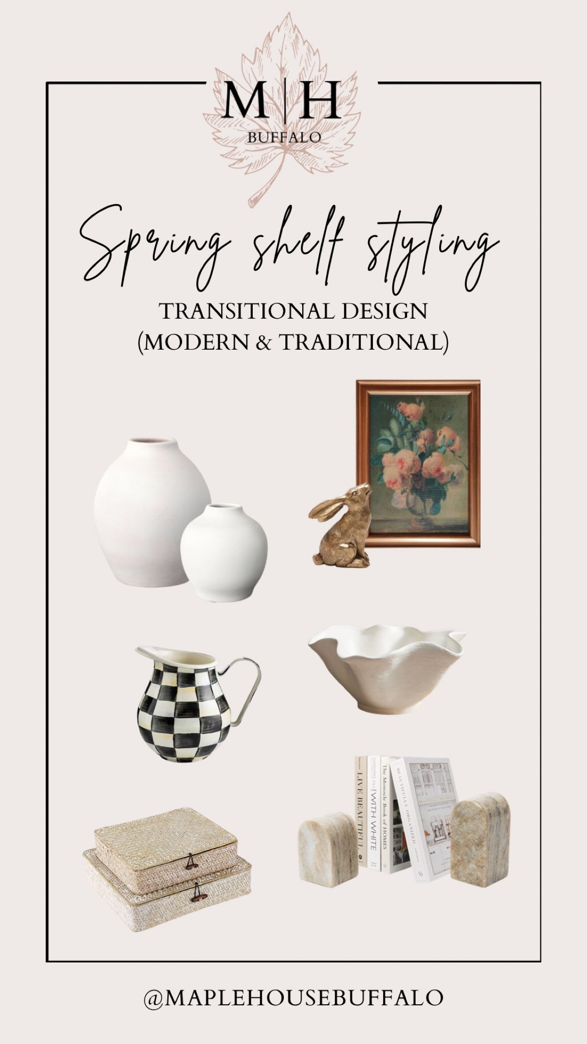 Shelf styling for spring! Transitional design - a mix of vintage and modern - here’s a little round up I put together for a client who was gifted her grandmother’s gorgeous dining room cabinet and wanted to update it’s look with some more modern touches! I linked some other ideas below as well.

Spring decor | vintage artwork | brass bunny | Easter decor | vase set of two neutral | Mackenzie Childs courtly check pitcher | fluted bowl | interior design books | coffee table books | marble bookends | decorative woven boxes 

#LTKhome #LTKstyletip #LTKunder100