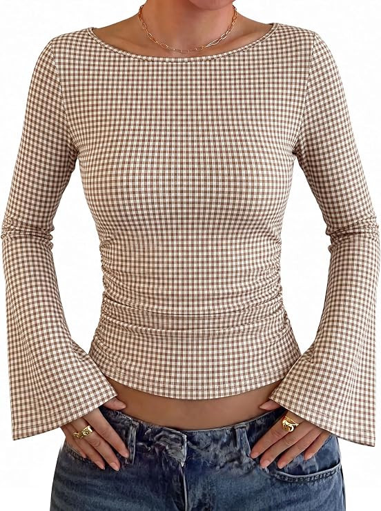WIHOLL Bell Sleeve Tops for Women Boat Neck Ruched Ribbed Long Sleeve Fall Shirts for Women 2026 | Amazon (US)