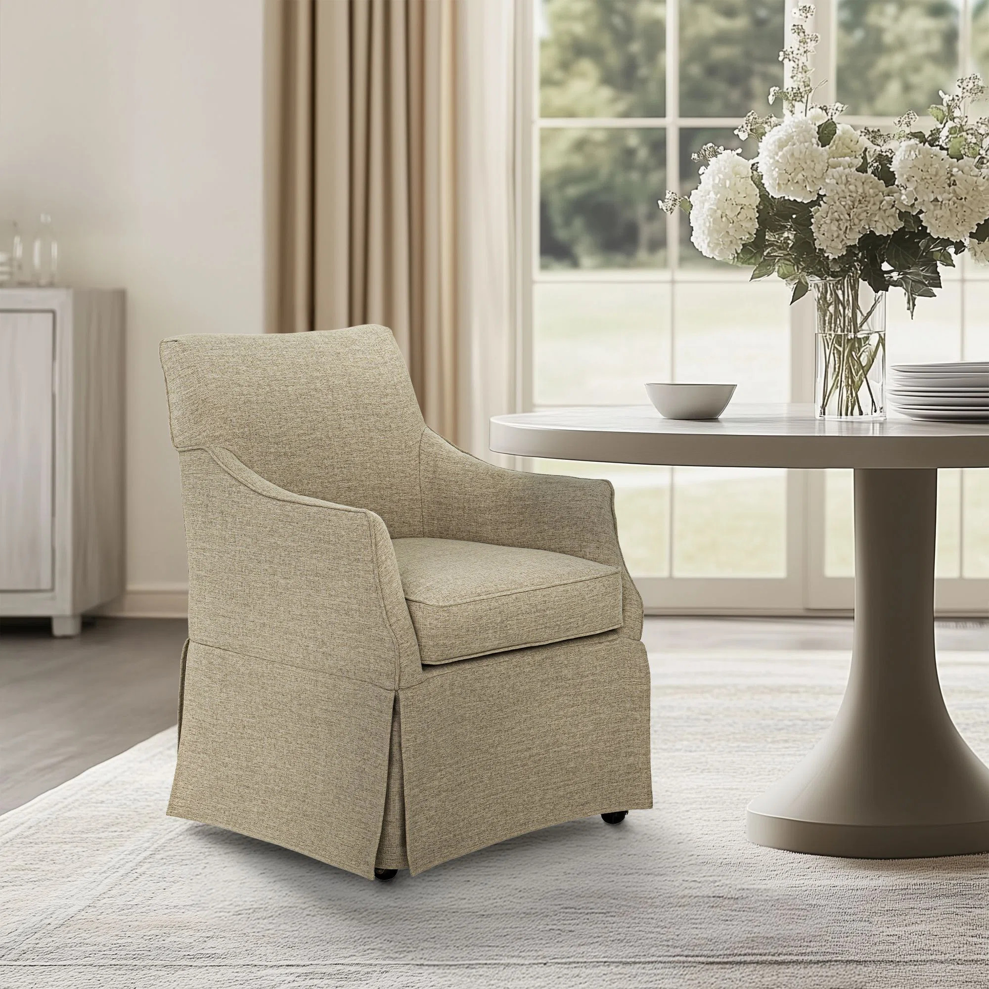 Bedford London Upholstered Skirted Dining Arm Chair with Hidden Casters | Wayfair North America