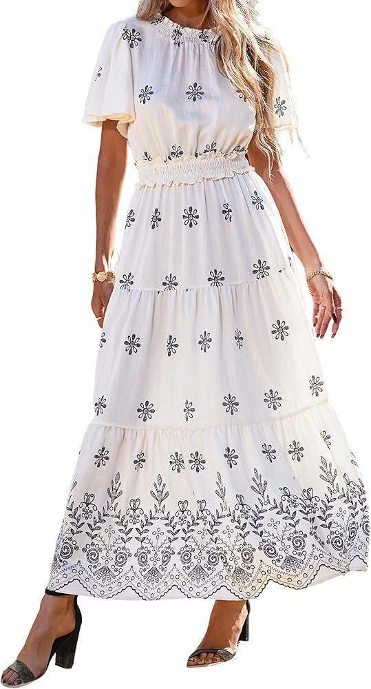 KIRUNDO Women Boho Floral Short Sleeve Maxi Dress 2025 Spring Summer Smocked Waist Round Neck Flo... | Amazon (US)