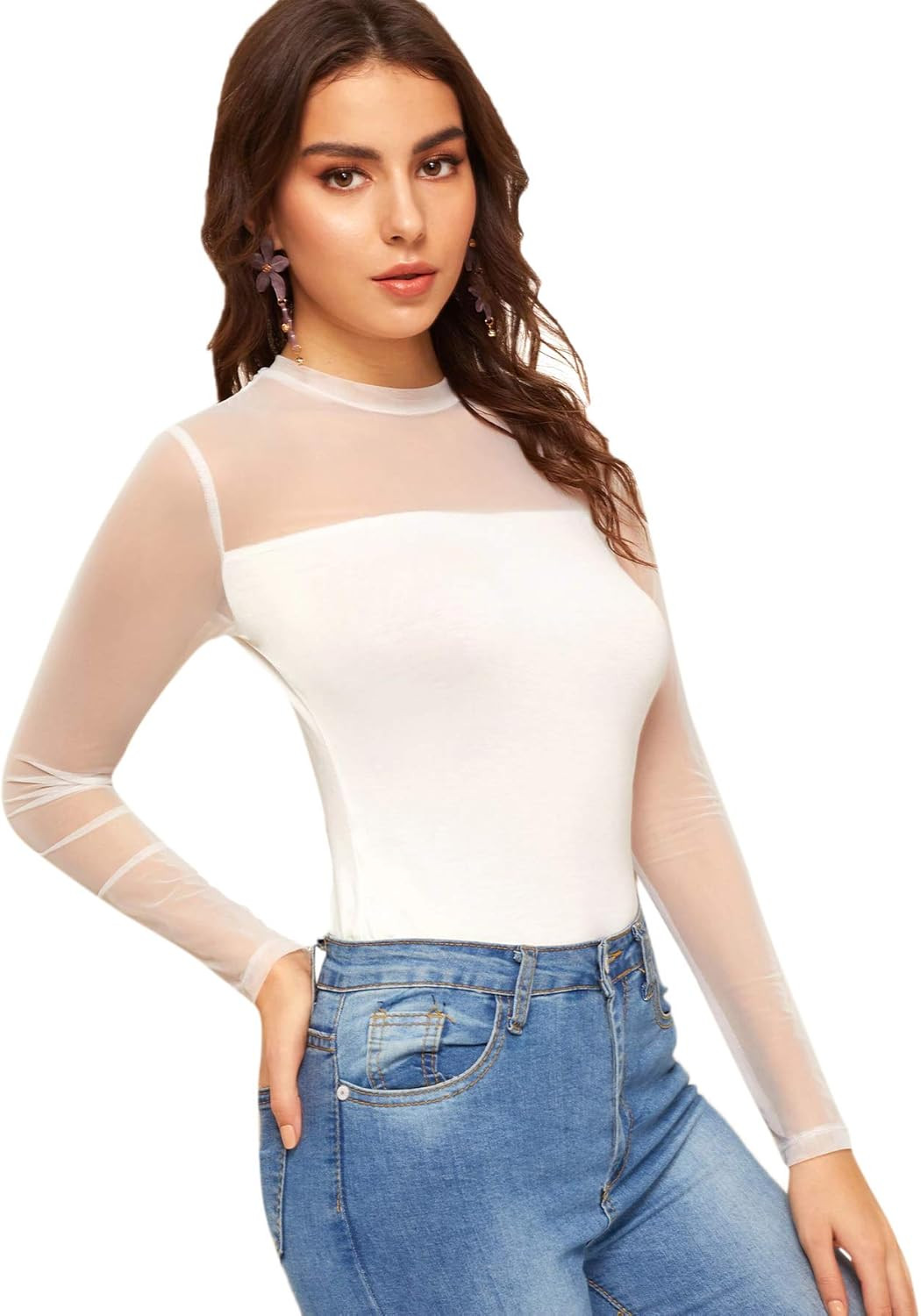 SweatyRocks Women's Mock Neck Long Sleeve Mesh Insert Elegant Blouse Tops | Amazon (US)