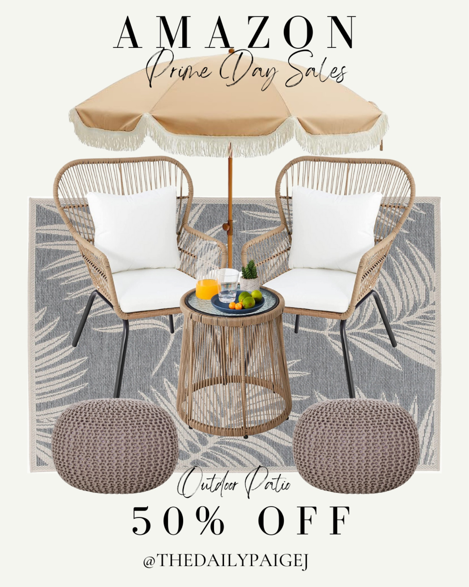 If you’re looking to buy some outdoor patio decor from the Amazon Prime Day sale, there are a ton of great items on sale to choose from. Whether you’re looking for a two piece chair set or an outdoor rug, they’ve got a lot on sale. I love this fringe umbrella that’s currently under $70 for any backyard. Pair it with some couches and chairs, and you’ve got a perfect backyard oasis. This chair set would also be great for a small balcony of an apartment complex or condo! 

Amazon prime, outdoor furniture, rattan outdoor furniture, boho outdoor furniture, outdoor rugs on sale, outdoor poufs, outdoor sets, fringe umbrella, umbrella on sale, Amazon prime outdoor

#LTKsalealert #LTKhome #LTKxPrimeDay