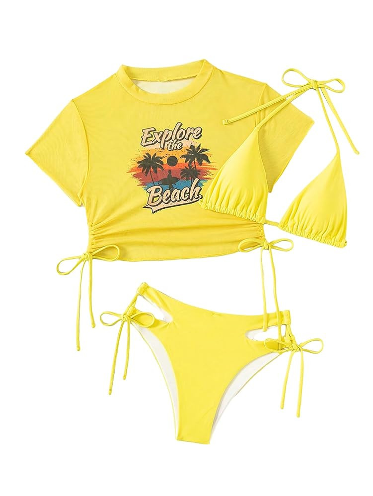 GORGLITTER Women's 3 Piece Halter Triangle Tie Side Bikini Swimsuit with Tropical Graphic Cover U... | Amazon (US)